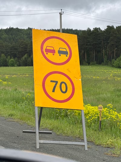 A bright yellow, rectangular traffic sign with rounded corners is the main subject of the image. The sign is supported by a metal A-frame structure. The top portion of the sign features a red circle with a red line through it, enclosing two car silhouettes. The left car is red, and the right car is dark gray. Below this, another red circle with a red line through it encloses the number "70" in black, indicating a speed limit. The sign is positioned on the side of a gravel road, with a grassy field dotted with yellow wildflowers to its right. In the background, a dense forest of pine trees stretches across rolling hills under a cloudy sky. Power lines and a utility pole are visible in the upper portion of the image. A small yellow marker with Cyrillic lettering and numbers "ПК 46" is partially visible in the field of wildflowers to the right of the sign. The scene appears to be in a rural or semi-rural area.