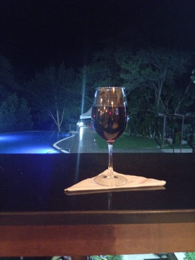 A glass of red wine sits on a napkin atop a dark counter. The background features a pool illuminated with blue light, and greenery under the dark sky. A spotlight is visible in the distance. The scene conveys a calm, outdoor evening ambiance.