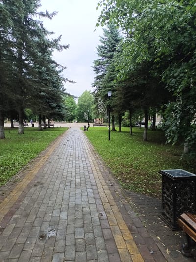 The image depicts a park pathway in Buy, Russia, on a cloudy day. The pathway is paved with gray and yellow bricks, and it is wet, suggesting recent rain. Tall green trees line both sides of the path, casting shadows on the grass. On the right side of the path, there is a black metal trash can with an ornate design and a wooden park bench. In the distance, more trees, a lamppost decorated with star shapes, and a group of people can be seen. Some pigeons are walking on the path. The overall atmosphere is peaceful and serene.