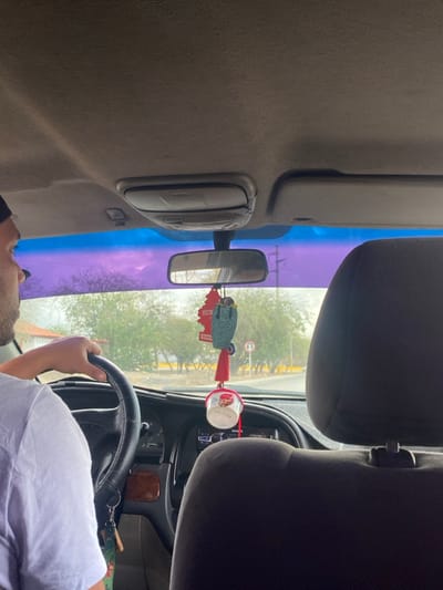 The image depicts the interior view from the rear passenger seat of a vehicle traveling in La Cruz del Pastel, Venezuela. A male driver, partially visible from the left side of his head and shoulder, wearing a dark cap and a light-colored t-shirt, holds the black steering wheel with both hands.

The vehicle's interior features a gray fabric headliner and an overhead console above the rearview mirror. A dark blue-purple tint strip covers the upper portion of the windshield. Suspended from the rearview mirror are a red "Little Tree" air freshener, a green/teal knitted ornament with an evil eye bead, and a small white cup with a red lid. Keys on a keyring with a light brown fob hang below the steering column. The dark gray headrest and upper back of the front passenger seat occupy the right foreground.

Through the windshield, a paved road is visible, curving slightly to the right. The exterior environment consists of numerous green trees and shrubs lining both sides of the road, under a light blue, hazy sky. A utility pole and a circular road sign are discernible in the distance on the right. A section of a building with a reddish roof is visible on the far left.