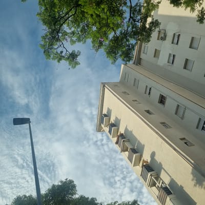 This low-angle shot captures an urban scene in Jerez, Spain, looking upwards towards the sky. The primary subjects are the exterior of two multi-story buildings, their pale yellow and white facades stark against a bright blue sky dotted with wispy white clouds. The architecture suggests a residential or office setting, with numerous windows, balconies, and air conditioning units visible. One building appears to be angled significantly, creating a dramatic perspective. Lush green trees, likely jacaranda trees given the purple flowers visible, with feathery leaves, frame the left side of the image, adding a natural element to the urban landscape.
The scene is illuminated by bright sunlight, indicating it is daytime, likely mid-morning or afternoon. The shadows cast by the buildings and balconies suggest the sun is high in the sky. The weather appears clear and fair. A street light pole extends horizontally across the lower portion of the frame, a common element in urban environments. There are no people or overt activity visible, creating a sense of stillness. The composition emphasizes the interplay between man-made structures and the natural elements, all under a wide-open sky. The overall mood is serene and observational. No text is visible in the image.