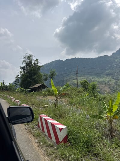This image captures a serene rural and mountainous landscape in Minh Sơn Commune, Vietnam, viewed from within a moving or parked vehicle.
In the foreground, the black rearview mirror of a car is visible in the bottom right corner, suggesting the perspective is from the passenger side. Along the edge of the road, several concrete road markers are placed, painted with distinctive red and white diagonal stripes. The paved road appears to curve slightly to the left in the distance.
The midground is dominated by lush, verdant vegetation. Tall green grasses and broad-leafed banana plants grow densely along the roadside, creating a thick natural barrier. Further into the landscape, a simple, rustic dwelling with a dark, sloped roof is partially visible, nestled among trees. A wooden utility pole with overhead power lines extends vertically, paralleling the road and receding into the distance.
In the background, a majestic, forested mountain range rises sharply on the left side of the frame, its peaks shrouded by clouds. The sky above is overcast, filled with soft gray and white clouds, indicating a cloudy daytime.
The scene conveys a sense of tranquility and natural beauty, characteristic of the mountainous regions of Vietnam. The red and white striped road markers are common in the country, serving as a subtle location cue. No people or visible activity are present, emphasizing the untouched quality of the landscape. No decipherable text is visible within the image.