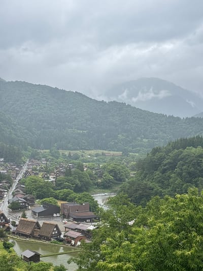 This high-angle, panoramic photograph depicts the traditional village of Shirakawa-go in Shirakawa, Gifu Prefecture, Japan, situated within a verdant valley. The sky is overcast with dense, grey clouds, and distant mountains in the background are partially obscured by mist or low-hanging clouds, indicating a humid or rainy weather condition.

The valley is flanked by steep, densely forested mountains, exhibiting various shades of green foliage. A river with light-colored water meanders through the right side of the valley, visible between the village and the forested slopes.

The village itself comprises numerous traditional Japanese gassho-zukuri style houses characterized by their distinctive steep, thatched roofs. These houses are clustered along a main road that curves through the lower-left and central parts of the image, appearing wet, suggesting recent rainfall. Several smaller roads and paths branch off. Interspersed among the houses are irrigated rice paddies, some visibly filled with water reflecting the sky, particularly in the foreground and mid-ground.

In the lower-left section of the village, a few individuals are visible walking along the wet roads, some carrying umbrellas. Several vehicles, including white vans, are parked near a group of more modern, dark-roofed buildings that contrast with the traditional architecture. Trees are abundant throughout the village, alongside the roads, and completely cover the surrounding mountains. The overall scene conveys a serene, rural settlement enveloped by natural landscapes under a subdued, cloudy sky.