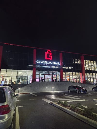 The image displays the exterior of the Gevgelija Mall at night, located in the city of Bogorodica, North Macedonia. The multi-story commercial building features a facade composed primarily of dark glass panels framed by red vertical structural elements. Centered on the upper portion of the facade is a large, illuminated sign displaying a stylized red shopping bag logo above the white text "GEVGELIJA MALL." The main entrance area, located beneath the sign, is accessible via concrete steps or a sloped ramp, and features large glass doors. The interior of the mall is visibly lit, revealing retail spaces.

In the foreground, a paved parking lot is illuminated by several low-level bollard-style lights. The asphalt surface is marked with white parking space lines and a distinct pedestrian crossing. A small landscaped island with shrubs borders the right side of the parking area. Several vehicles are present: a silver four-door hatchback (identified as a Volkswagen Golf) is partially visible on the left, parked in the foreground. A dark-colored four-door hatchback is parked closer to the mall's entrance on the right side of the lot, displaying a North Macedonian license plate. A portion of another dark vehicle is visible on the far right edge of the frame. No individuals are distinctly visible in the scene, and no specific actions or interactions are depicted. The sky above is dark, indicating nighttime conditions.