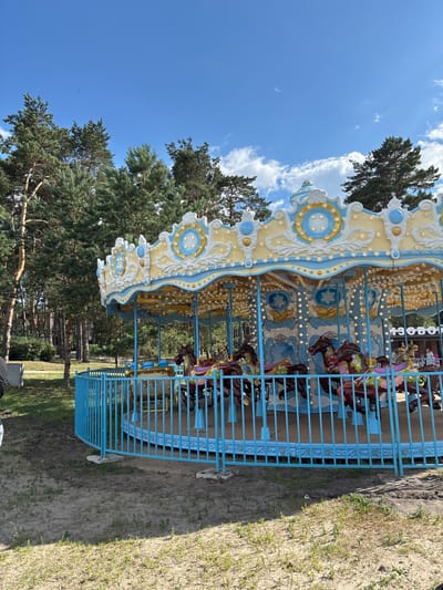 A carousel is situated in a grassy area, enclosed by a light blue fence. The carousel is decorated in yellow and blue, with lights around its perimeter. Several carousel horses are visible, some appearing to be brown with decorative elements. Behind the carousel, a dense forest of pine trees can be seen, with a clear blue sky with scattered white clouds above. The ground in the foreground is a mixture of sand and grass. The carousel appears to be located in an outdoor park or amusement area. There are no people clearly visible on the carousel, but a few figures are present in the background near a building. The overall scene suggests a recreational setting.