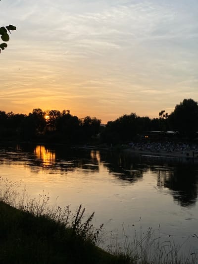 The image depicts a sunset over a body of water, likely a river or lake, in Rinteln, Germany. The sun is low on the horizon, casting a warm, golden glow across the sky and reflecting on the water's surface. Silhouetted trees line the bank of the water, creating a dark contrast against the vibrant sky. Some of the trees appear dense and lush, while others are more sparse, revealing a glimpse of what might be buildings or structures behind them, possibly part of a park or recreational area with scattered chairs visible.
The water itself is calm, with clear reflections of the trees and the sky. The foreground on the right side of the image shows tall grasses and weeds, adding a natural texture to the scene. On the left, a few dark leaves are visible in silhouette against the bright sky. The sky is filled with wispy clouds, illuminated by the setting sun, creating streaks of orange, yellow, and pale blue.
The time of day is clearly sunset, indicated by the low sun and the colors in the sky. The weather appears to be clear and calm, conducive to a pleasant evening outdoors. The presence of scattered chairs suggests a place where people might gather to relax or enjoy the view, though no distinct people are clearly visible. The overall mood is serene and peaceful, evoking the beauty of nature at dusk. No visible text is present in the image.