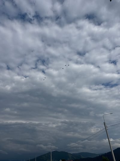 This is a vertical, medium-range shot of a cloudy sky over Yabogan, Russia. Several dark birds are visible flying in formation against the clouds. The clouds are predominantly gray and white, with some patches of blue sky visible. In the foreground, there is a light pole with wires running across the frame. In the background, the tops of dark green mountains are visible, partially obscured by clouds. The overall impression is of a vast, somewhat overcast sky.
