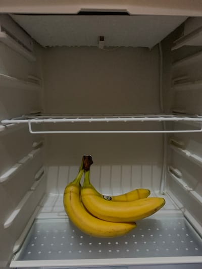 The image depicts the interior of a domestic refrigerator, likely situated in a residence or accommodation in Lazeshchyna, Ukraine. The refrigerator is light-colored, possibly white or off-white. The upper section of the interior shows significant frost accumulation on the ceiling, indicating a freezer compartment or cooling element, with a small reddish-brown rectangular sensor or component protruding downwards. Below this, a white wire shelf is visible, empty. A second, lower white wire shelf is also empty. At the bottom, a clear, perforated shelf holds a single bunch of ripe yellow bananas. The bananas, estimated to be five to six in number, are resting horizontally on the shelf; one banana displays a small blue sticker, likely a produce label. No individuals are present. The scene is static, featuring only inanimate objects within the confined environment of the refrigerator.