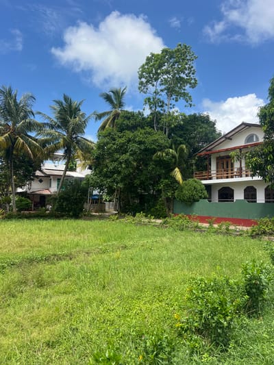 The image shows a view of a property in Olaganduwa, Sri Lanka. A two-story building with a white facade, green accents, and a red trim is visible. It features a balcony with wooden railings. The building is partially obscured by lush green trees. In the foreground, there's a grassy lawn with a variety of plants and foliage. In the upper left, the sky is blue with scattered white clouds, with palm trees visible along the lower left side of the image. Another building, a one-story structure, is seen partially obscured by palm trees and greenery.