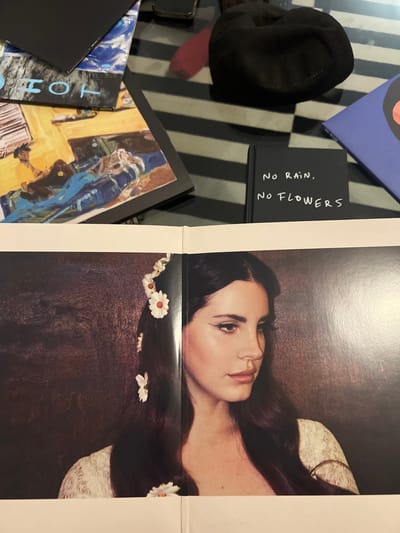 The image features a collection of items on a black and white striped surface. There is a black beanie and a purple object. A black square labeled "NO RAIN, NO FLOWERS" sits prominently. In the foreground, there is a partial view of a vinyl record with colorful artwork. To the right, there is a poster of a woman with long dark hair and a flower crown. The poster is vertically folded in half.