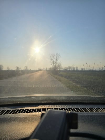 The image presents a forward-facing view from inside a stationary or moving vehicle, looking out through the windshield towards a rural landscape. The location is stated as the city of Zlokuchene, Bulgaria. The scene is dominated by a bright, low-angle sun in the upper left quadrant, casting a significant glare and producing a visible starburst effect. A straight, unpaved or dirt road extends centrally into the distance, appearing light-colored and marked by tracks or ruts. On both sides of the road are open fields with sparse, bare deciduous trees visible in the mid-ground and along the distant horizon, suggesting a late autumn or winter season. Taller, dried reedy plants or grasses are present in the field closer to the right side of the road. The sky is clear and blue, lightening towards the horizon. In the immediate foreground, the dark grey dashboard of the vehicle is visible, featuring horizontal air conditioning vents. An electronic device, possibly a dashcam or GPS unit, is mounted on the right side of the dashboard, partially obstructing the lower right portion of the external view. No individuals are visible in the scene.