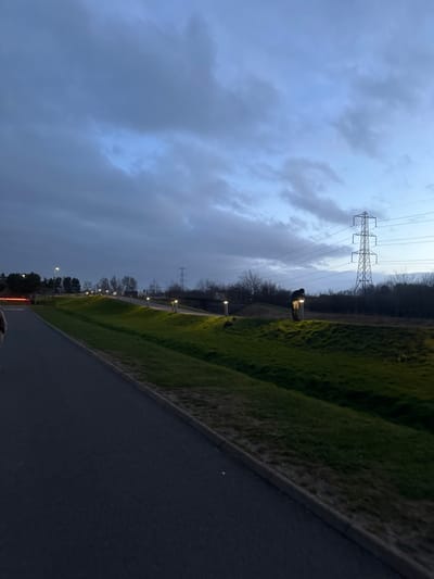 The image depicts an outdoor scene in Falkirk, United Kingdom, at dusk or early evening, characterized by low natural light and active artificial illumination. The sky is largely overcast with dark grey clouds, transitioning to a lighter blue on the right horizon.
In the foreground, a dark asphalt pathway extends from the lower left towards the center-right. The edge of a human figure in light-colored clothing is partially visible on the far left of this path. Adjacent to the path on the right, a grassy embankment slopes upward, bordered by a drainage ditch. Along the crest of this embankment, a series of evenly spaced, illuminated bollard lights cast circular pools of light onto the grass.
Further into the midground, beyond the first embankment, another paved area or pathway is visible, also lined with similar bollard lights. A lone individual, dressed in dark clothing, is positioned on the first grassy embankment, leaning forward and appearing to interact with or examine one of the illuminated bollard lights on the right side of the frame. Their posture involves bending at the waist over the light fixture.
The background features a line of bare deciduous trees and shrubs. Two large metal lattice utility poles (pylons) with overhead power lines are visible; a prominent one on the far right and a smaller one to its left. A dark bridge structure crosses the scene horizontally in the mid-left background. Distant, indistinct artificial lights are visible on the far left horizon.