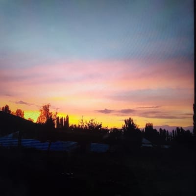 This image depicts a rural landscape at dusk in the city of Kalba, Kyrgyzstan. The sky is a gradient of colors, transitioning from a pale blue at the top to soft pinks and oranges closer to the horizon, indicative of sunset. Silhouetted against the vibrant sky are a line of trees and hills. In the foreground, the dark shapes of structures and vegetation are visible, with what appears to be a blue and white striped tarp covering some objects. The overall scene conveys a sense of calm and the end of the day.