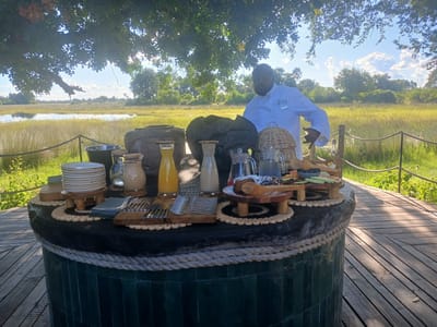 The image depicts an outdoor breakfast buffet setting in a natural environment, likely in the city of Nwanaeanoka, Botswana. The buffet table, cylindrical and decorated with green vertical tiles and a thick rope around the top, is laden with various food and beverage items. A stack of plates, carafes of juice and other liquids, a bowl of fruit, and bread or cake sit on wooden stands and platters. A man in a chef's uniform is standing behind the table, with his right hand extended. The background features a grassy landscape and a body of water, likely a river or lake. Trees provide shade over the scene, indicating a sunny day. A wooden deck surrounds the buffet, and a rope fence separates the area from the natural environment.