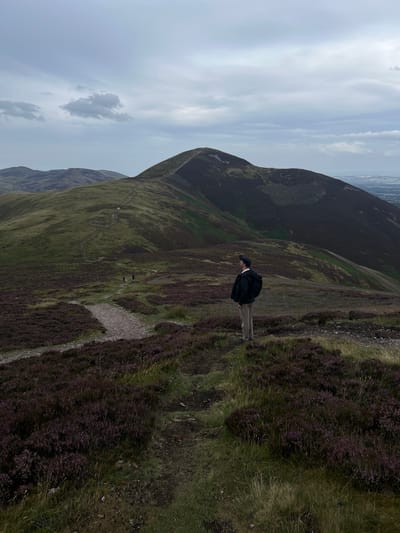 A person stands on a hill, looking out at a vast landscape of rolling hills under a cloudy sky. The foreground is covered in purple heather and green grass, with a gravel path winding through it. In the middle ground, two figures walk along a path in the distance. The background features larger, darker green hills with a path visible winding up one of them. The person in the foreground is wearing a dark jacket, light-colored pants, and a dark cap. The overall scene evokes a sense of rugged, natural beauty. This appears to be a view from the Pentland Hills Regional Park, which is located south of Edinburgh, and therefore is in the vicinity of Penicuik.