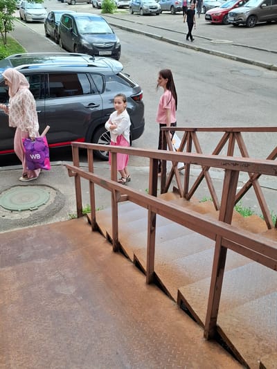 In Yegoryevsk, Russia, a group of people are gathered near a staircase. The scene appears to be outdoors, possibly in a residential area, with cars parked along a paved road.

There are at least three individuals visible. One is a woman in a pink top and patterned leggings, looking downwards. Another is a young girl in a white top and a pink skirt, also looking downwards. Further down the stairs, a person is partially visible, wearing a head covering and a pink garment, holding a purple shopping bag with white text that reads "WB".

The time of day seems to be daytime, with ample natural light. The weather appears to be pleasant, as there are no signs of rain or harsh sunlight. The staircase itself is made of metal, with a rusty finish, and the steps are made of a diamond plate material. The background shows more parked cars and some greenery. The overall impression is of a casual, everyday scene.