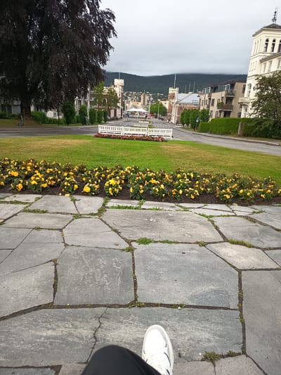 The image depicts a view of Drammen, Norway, from a paved area. In the foreground, a person's legs are visible, wearing dark pants and white sneakers. The paving stones are large and irregularly shaped, with some grass growing between them.
Beyond the paved area, a well-maintained lawn is visible, bordered by a flower bed filled with yellow flowers. A white bench with decorative railings is situated behind the flower bed. Across a road, a street lined with buildings and trees stretches into the distance. Several of the buildings have distinctive architectural features, including towers and ornate facades.
In the background, a hazy mountain range can be seen under a cloudy sky. The overall atmosphere of the image is serene and urban, suggesting a public park or square within the city. A single electric scooter is parked on the grass to the left of the frame.