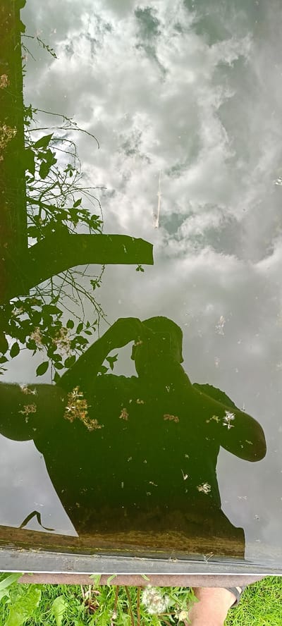 A vertical, reflected image shows a person taking a photo of themselves in a body of water. The person is silhouetted and appears to be holding a phone up to take the selfie. Green foliage and branches, along with white clouds, are also reflected in the water. The bottom portion of the image shows green grass, dandelions, and a person's foot wearing a flip-flop. The setting appears to be outdoors, possibly in a park or garden area within the city of Kamennoe, Russia.