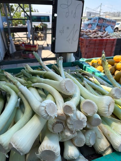 The image shows a close-up of leeks on display, presumably for sale, possibly at a market. The leeks are tightly packed together, showcasing their white and green stalks. Some lemons or similar citrus fruit are visible in the background. A sign is partially visible, likely indicating pricing information. The location is Kadima - Zoran, Israel, suggested by the overall context of the scene. Details like the leeks' presentation and the handwritten sign suggest a local market setting. The image captures a moment of commerce or food display, typical of markets in Kadima - Zoran.