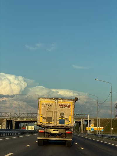 An image taken from a vehicle on a highway near Egor'evo, Russia, shows the rear of a large silver truck with yellow trim on a multi-lane road. The truck has the text "MEGA 3 LIGHTS" and "42m³ 5700kg" printed on its back. A drawing of an animal's head is also visible. The road is lined with metal barriers and streetlights. In the background, a large overpass spans the highway, and to the right, a grassy embankment is visible with various road signs. The sky is a clear blue with large, dramatic white clouds. The scene appears to be captured during daylight hours, likely late afternoon or early evening due to the lighting.