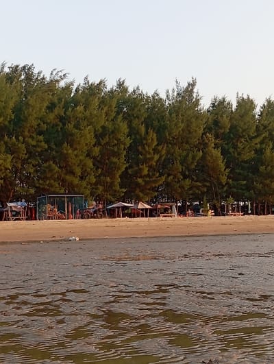 The scene depicts a coastal environment in the city of Tritunggal, Indonesia. The foreground consists of shallow, rippled, brownish-green water. A light brown sandy beach occupies the midground, showing some scattered debris. In the background, a dense line of tall, dark green pine-like trees forms a natural barrier against a clear, light sky. Along the treeline on the beach, several makeshift structures are present: multiple open-sided shelters with fabric or tarpaulin roofs, and a more robust, possibly metal-framed, cage-like enclosure containing stacked items. An individual is seated on a dark-colored All-Terrain Vehicle (ATV) positioned on the sand near the enclosed structure. Multiple other individuals are visible under various shelters, engaged in stationary activities, such as sitting or standing in small groups.