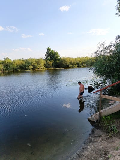 A man is wading into a body of water from a wooden ramp. He is wearing dark blue swim trunks and appears to be mid-stride, with the water reaching his shins. The water is dark and reflects the sky and surrounding trees. Lily pads are visible on the surface of the water.

The scene is a natural setting with lush green foliage lining the opposite bank of the water. Tall reeds are present on the left side of the image, while a dense cluster of trees and bushes occupies the right bank. The sky is a clear blue with a few scattered white clouds, suggesting it is daytime. The water appears calm with gentle ripples.

To the right of the man, a simple wooden structure with a red railing leads down to the water, likely serving as a small dock or entry point. The ground around the ramp is a mixture of dirt and grass.

The overall impression is one of a peaceful summer day in a natural environment, with the man enjoying a swim. There is no visible text in the image. The location is identified as Grigoryevka, Russia.