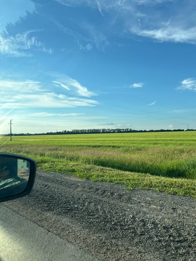 This media file depicts a rural landscape scene, viewed from the perspective of a vehicle. The image is oriented vertically, with the sky occupying the left portion and the land and road on the right.

The subjects include a vast, bright blue sky dotted with wispy white clouds. Below the sky, a neatly trimmed green field stretches horizontally across the frame, possibly a cultivated crop or pasture. A dark, gravelly road runs along the right edge of the image, with a strip of grassy verge separating it from the field. In the foreground, a portion of a car's side mirror is visible in the lower right corner, reflecting a person and part of the vehicle's interior. A wooden utility pole with electrical wires is also present in the distance, and a line of trees forms a distant horizon.

The activity appears to be travel through the countryside on a clear day. The bright sunlight suggests it is daytime, likely midday or afternoon. The weather seems fair and sunny, with a clear sky and no indication of precipitation. The setting is rural, characterized by open fields, a road, and distant trees, consistent with a location like Ilteryakovo, Russia, known for its agricultural landscapes. There are no visible emotions conveyed beyond the general sense of peacefulness associated with a scenic drive. No text is discernable in the image.