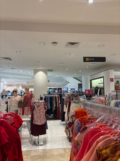 The image shows the interior of a clothing store, likely a department store, in what appears to be Boca del Río, Mexico. Racks of clothing on hangers are visible, with a mix of colors and styles on display. A sign indicating "PETITE" hangs from the ceiling. A "PANDORA" display is seen in the distance. Mannequins are present, displaying clothing. The environment is brightly lit with recessed ceiling lights. The floor is tiled. There are no people immediately visible in clear focus, though there are figures in the background near the mannequins.