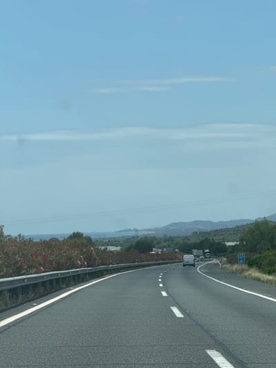The image depicts a view from a highway in Alcalà de Xivert, Spain. The road, an asphalt surface with clear white lane markings, curves to the right. A metal guardrail runs along the left side of the road, separating it from a vibrant embankment of flowering pink bushes. In the distance, a hazy blue sky meets a landscape of rolling hills dotted with vegetation and some scattered buildings. Several vehicles are visible on the highway, including a white van in the foreground, a few cars, and a truck further ahead. A blue highway sign indicating "E-15 AP-7" and the number "387" is positioned on the right side of the road. The overall scene suggests a sunny day with moderate traffic on a highway passing through a scenic, semi-rural area.