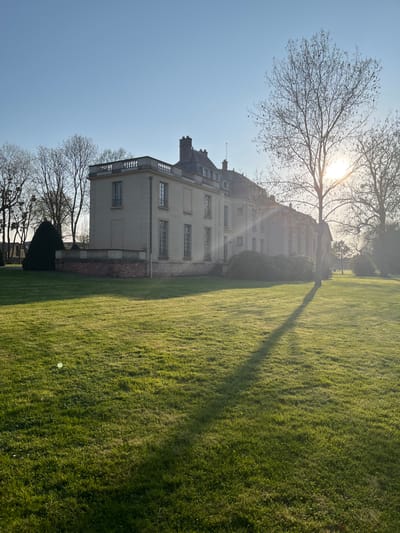 The scene presents the Château de Gif-sur-Yvette, France, under clear skies with intense, low-angle sunlight, indicative of either sunrise or sunset. The light-toned, multi-story château, featuring numerous windows, a visible flat roof section with a balustrade, and a pitched roof with multiple chimneys, is positioned in the mid-ground and background, partially obscured on the right by sun glare. A brick retaining wall with a stone balustrade delineates the building's immediate surroundings from a vast, verdant lawn that occupies the foreground and mid-ground. A prominent deciduous tree, bare of leaves, stands in the mid-ground on the right, casting a long, sharp shadow diagonally across the sunlit grass towards the lower left. Other bare deciduous trees are visible on the left and in the distant background, alongside a dark green, conical evergreen shrub near the château's left facade. The strong sunlight produces a noticeable lens flare on the right and creates distinct patterns of light and shadow across the landscape. No human figures are present.