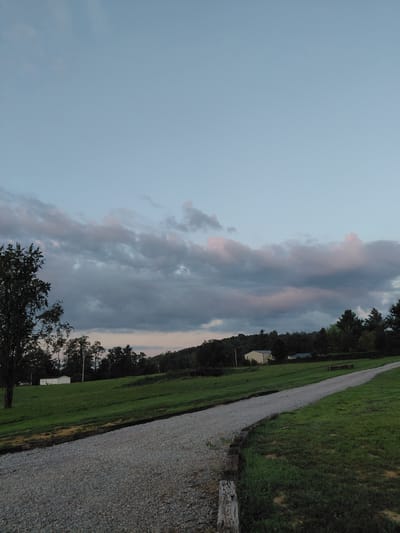 This image depicts a rural landscape with a gravel driveway leading into a grassy field. The sky is a pale blue with scattered clouds tinged with pink and gray, suggesting either dawn or dusk. The environment appears to be in a hilly area with trees and some buildings visible in the background. The presence of a gravel driveway and the open, natural setting indicates a possibly undeveloped or agricultural area. There are no people or animals visible in the image. The location is identified as Jeffersonville, United States of America.