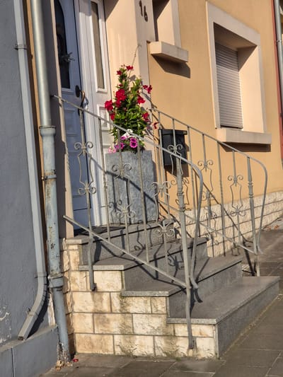 This is a medium-shot, eye-level, outdoor photograph of a building's entrance staircase and facade in Sanem, Luxembourg. The scene is illuminated by bright sunlight, casting strong shadows.
The focus is on a set of outdoor stairs leading up to a white door. The stairs are constructed with granite treads and risers, and the base is faced with light-colored stone blocks. A grey metal railing with decorative scrollwork lines the right side of the stairs and extends to the left.
To the left of the stairs, a grey downspout runs vertically along a grey-painted wall. A small amount of debris, including fallen leaves and a red flower petal, is visible at the base of the downspout.
In front of the stairs, to the right, is a grey stone planter filled with vibrant red flowers and some smaller pink and purple flowers. A black mailbox is mounted on the wall to the right of the planter.
The building facade is painted a warm, peachy-orange color. A window with a grey roller blind is visible on the upper right portion of the facade. The building number "16" is visible on the upper left part of the facade. The photograph captures a residential entrance, likely of a house or apartment building.