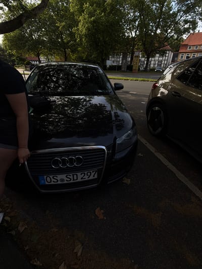 The image shows a black Audi car parked on a street. The car is dark and reflects the surrounding trees and buildings. The license plate of the car is visible and reads "OS SD 297". A person's arm is visible in the foreground, resting on the car. In the background, there are half-timbered houses and trees, suggesting a European setting. The lighting indicates it is daytime, possibly late afternoon, with shadows present. The overall scene is calm and appears to be in a residential or historical area.