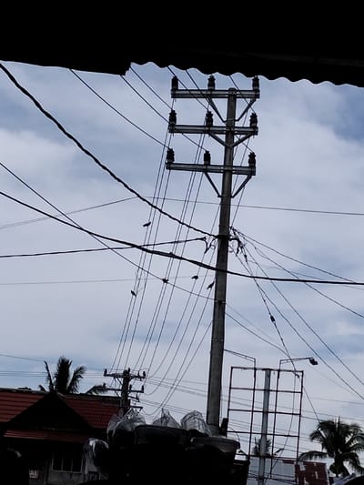 A tall utility pole dominates the frame, its structure composed of stacked insulators and multiple crossbars. Numerous electrical wires extend from the pole, creating a tangled web against a cloudy sky. Several birds perch on these wires and the pole itself. Below, silhouettes of buildings and trees, including palm trees, are visible. Part of a dark awning is visible in the upper portion of the frame. The lighting is muted, contributing to a somewhat gloomy atmosphere.
