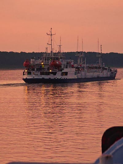 An image depicts a ship sailing on a body of water during sunset, with a tree line visible in the background. The sky is a soft orange hue, indicative of twilight. The ship, identified by the Cyrillic text "ВАСИЛИЙ СУРИКОВ" (Vasily Surikov) on its hull, is white with orange life preservers attached to its sides. The water reflects the warm colors of the sky and the ship's lights. A portion of another vessel is visible in the foreground, out of focus. The location is identified as Krivlyak, Russia.
