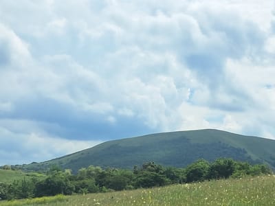 The image depicts a landscape scene dominated by a large, gently sloping green hill under a cloudy sky. In the foreground, a field of grass and wildflowers is visible. The midground features a dense line of trees and shrubs that partially obscures the lower slopes of the hill. The sky is filled with large, fluffy white and gray clouds, with patches of blue visible between them. The overall impression is of a natural, rural environment. The location is specified as Юца, Russia. There are no people or animals visible in the image, nor are there any man-made structures or objects that are immediately identifiable. The scene appears to be a wide-angle view of a hilly terrain.