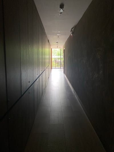 The image depicts a dimly lit, long corridor with dark wood-paneled walls on the left and a textured dark wall on the right. A thin, dark handrail runs along the left wall. The floor is tiled with large, light-colored square tiles. The corridor leads towards an opening at the far end where natural light streams in, revealing a balcony or veranda with a wooden railing and greenery visible beyond. Several overhead lights and what appear to be smoke detectors or security cameras are mounted on the white ceiling. The overall impression is of a modern, somewhat stark interior hallway. The scene is not identifiable as being in Pung Luong, Vietnam.