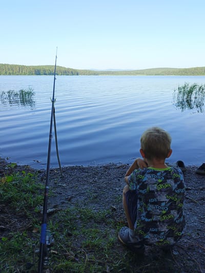 The image depicts a serene outdoor scene by a body of water. In the foreground, a young boy with blond hair is seen from behind, crouching on the shore and looking out at the water. He is wearing a t-shirt with a repeating pattern of "COOL BOY SPORT" and dark shorts, along with grey croc-style shoes. To the left of the boy, a fishing rod stands upright, supported by a stand, with its reel visible. The shore is composed of dark gravel and sparse green vegetation.
The body of water, likely a lake or large pond, occupies the midground and features gentle ripples on its surface, reflecting the clear blue sky. On the far side of the water, a densely forested hillside forms the horizon line. The overall environment suggests a natural, tranquil setting, possibly in a rural area like Nepryakhinskoye Sel'skoye Poseleniye, Russia, given the prevalence of forests and large bodies of water in such regions. The lighting indicates it is daytime, with the sun casting a soft, even light across the scene. No other individuals are present.