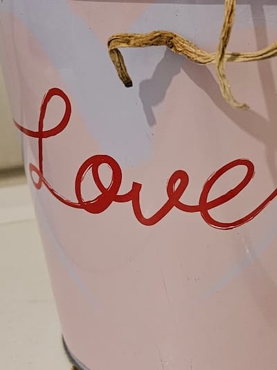 This image depicts a close-up of a light pink container, likely a bucket or pot, against an out-of-focus, light-colored background. The container's surface features the word "Love" written in a stylized red cursive script, centered on its visible portion. Above the text, a segment of a twisted, dry, light brown twine or rope, appearing to be part of a handle, extends across the upper area, casting a faint shadow on the container. The container shows minor surface wear, including faint vertical scratches and small dark specks. Faint, diffuse white patterns are visible on the upper left of the container. No people are present, and no specific location within Villeneuve-Saint-Georges, France, is discernible from the visual evidence of the object itself; the image solely focuses on the described item.