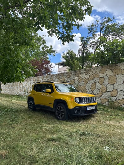 A yellow Jeep Renegade is parked on a grassy area in front of a stone wall in Navdaraantkari, Georgia. The car is angled towards the viewer, with its front facing slightly to the left. The wall behind the car is constructed with irregularly shaped stones in shades of beige and brown. Above the wall and to the left, green foliage from trees overhangs the scene. The sky is visible through breaks in the leaves, showing scattered white clouds against a blue background. The grass appears recently cut or somewhat overgrown in patches. The license plate on the Jeep reads "FG-661-FF".