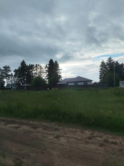The image displays a rural landscape, identified as being in Malaya Purga, Russia. The scene is captured under a predominantly overcast sky, characterized by dense grey clouds. A segment of lighter sky, revealing patches of blue, is visible in the upper-right quadrant.

In the foreground, an unpaved dirt road or track occupies the lower portion of the frame. It exhibits brown and dark earthy tones with visible ruts and uneven textures. Directly above the road, a vast expanse of tall, green grass stretches across the midground, forming a field.

The background features a dense line of coniferous trees, predominantly pines and spruces. A strong backlight, likely from a low sun, creates a bright halo effect behind a cluster of trees in the center-left, silhouetting their dark forms.

Several man-made structures are visible:
*   A single-story residential building with light-colored walls and a dark, sloped roof is situated in the center-right, featuring multiple rectangular windows with dark frames.
*   A dark wooden fence runs horizontally across the mid-distance, separating the grassy field from the properties.
*   To the left of the main house, behind the fence, a small structure with a dark, pointed roof is discernible.
*   A bright yellow, rectangular metal utility box or enclosure is positioned near the fence, to the right of the small pointed-roof structure.
*   Two dark utility poles are present: one prominent pole with a visible cross-arm and wires on the far left, and a thinner pole on the far right.
*   A single dark wire or cable extends horizontally across the upper-middle section of the image, traversing above the main residential building.

No human or animal figures are present, and no actions or interactions are depicted. The environment conveys a quiet, semi-developed rural setting under cloudy daylight conditions.