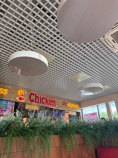 This detailed interior view captures a fast-food restaurant, identified by prominent signage for "SOUTHERN FRIED Chicken" and "SFCexpress," located in Krilovo, Russia. The ceiling features a white, open-grid suspended system, through which darker infrastructure is visible. Multiple circular, white light fixtures are suspended at varying heights, along with a flat rectangular panel integrated into the grid. A white, multi-directional air conditioning cassette unit is visible in the upper right ceiling area.

Below the ceiling, a long, wooden-paneled planter box, filled with artificial green and white-tipped grass-like plants, forms a barrier in the mid-ground. Behind this barrier, digital menu boards display various food items and promotions, featuring Cyrillic text such as "ПОЙМАЙ СКРЕПЫША" (Catch the Skrepysh) and "ВЫДАЧА" (Issuance/Order Pick-up), with prices like "299" Rubles indicated. A brand logo depicting a red paddlewheel boat is visible above the "Southern Fried Chicken" signage.

To the right, large windows offer a view of an outdoor environment with green trees and a blue sky with clouds. An interior wall section adjacent to the windows exhibits a brick texture. A red upholstered bench or seating is partially visible in the bottom right corner of the image. The outlines of one or two indistinct figures are faintly visible in the far background near the windows, behind the greenery.