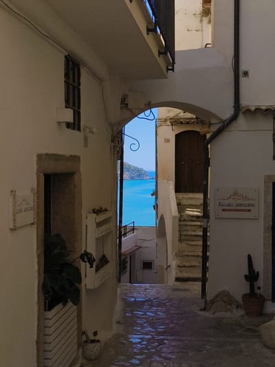 The image depicts a narrow cobblestone alleyway in Sperlonga, Italy, opening up to a view of the turquoise Mediterranean Sea and a rocky coastline. White-washed buildings line the alley, with an arched passage framing the scenic vista. A set of stone stairs ascends to a wooden door on the right. Signs with Italian text are visible on the walls. A potted plant is on the left, and a cactus in a pot stands on the right. The ground is wet and reflects the light. The scene is captured in daylight, with shadows indicating the time of day.