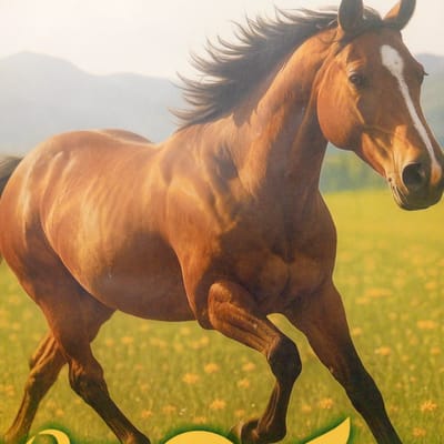 The media file is a close-up, full-body, eye-level shot of a brown horse in motion, set against a backdrop of a blurry, sun-drenched meadow filled with small yellow flowers. The horse is facing to the right, with its head slightly lowered, and its mane is flowing backward, suggesting movement. The lighting indicates it is daytime, likely late afternoon or early morning, given the warm tones and soft shadows. The background features hazy, layered mountains under a bright, pale sky, hinting at an open, rural landscape.

The horse's coat is a rich chestnut brown, with lighter markings on its face, including a prominent white blaze extending down its nose. Its muscles are visible beneath its skin, highlighting its powerful physique. The horse's eyes appear dark and focused, conveying a sense of calm energy. The overall mood is one of freedom and natural beauty, emphasizing the grace and strength of the animal.

There is no visible text in this media file. The location context of Ashtarak, Armenia, is external information and not directly depicted within the image itself. The scene evokes a feeling of a tranquil, pastoral setting within a mountainous region.