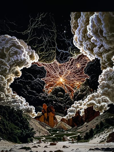 The image depicts a dramatic and otherworldly scene, likely a digitally manipulated or artistic representation rather than a photograph of a real place. It shows a canyon-like environment with rugged, rocky terrain and sparse vegetation. The sky is filled with an explosion of light and energy, resembling lightning or a cosmic event, emanating from a central point. Massive, cloud-like formations, rendered in shades of white and grey, frame the central event, creating a sense of vastness and power. The lower portion of the image reveals a sandy, rocky ground with a winding path, suggesting a desolate or remote landscape. There are no people or specific identifiable landmarks that would place this scene in Bonn, Germany.