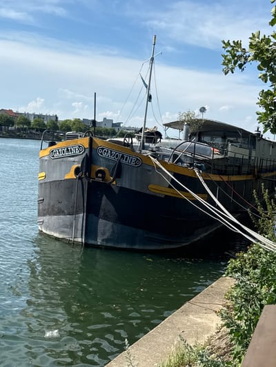 The image shows a boat named "GAZOLINE" docked in a waterway. The boat is dark gray with yellow accents. There is text that reads "GAZOLINE" visible on the side of the boat in two places. The boat is moored to a concrete embankment, which is covered in green foliage. The waterway is a murky green color. The sky is blue with scattered white clouds. Trees and buildings are visible in the background. The scene appears to be outdoors on a sunny day. The image is oriented vertically, with the boat's bow pointing to the right. The lighting suggests it is daytime. The location is identified as Villeneuve-le-Roi, France. There are no people visible in the image.