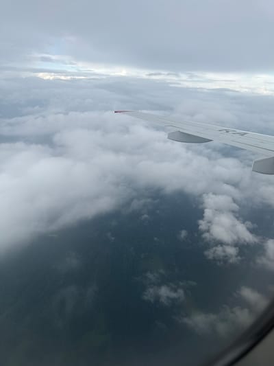 The image shows a view from an airplane window, looking out over a landscape and clouds. The wing of the airplane is visible in the foreground, extending from the right side of the frame. The wing is white with some markings on it, including the letters "RA" in black. Below the wing, the ground is covered in a dense, dark green forest. There are patches of lighter green that could be clearings or bodies of water within the forest. Clouds are scattered across the sky, with some areas of brighter light suggesting the sun is breaking through. The sky is overcast with grey and white clouds. The overall impression is of flying over a vast, undeveloped natural area under a cloudy sky. There are no people visible in the image. The location in the city of Чур, Russia is not discernible from the image.