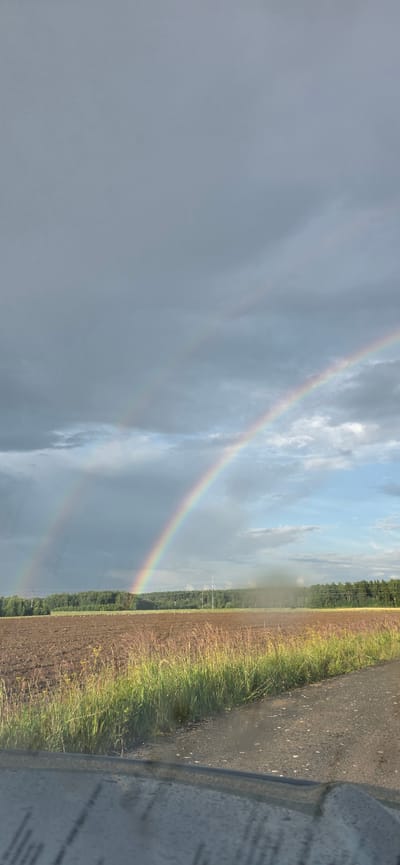 The image depicts a rural landscape in Asakovo, Russia, featuring a double rainbow arching across a cloudy sky. The foreground shows a dirt road and a field of brown earth with green grass along its edge. In the middle ground, a line of trees forms a dark border separating the field from the sky, with some power lines visible. The sky is filled with dramatic grey clouds, with lighter patches suggesting the sun's presence. The double rainbow is prominent, with its colors faintly visible against the overcast sky, suggesting it appeared after or during a rain shower. There are no people or animals visible in the scene. The overall impression is one of a natural phenomenon occurring in a quiet, undeveloped setting.