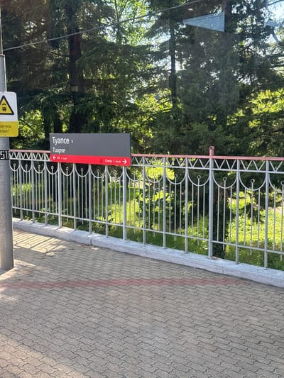 This image captures a sunlit outdoor scene at what appears to be a train station platform in Kholodnyi Rodnik, Russia. A prominent black sign with white and red lettering is central to the frame. The sign displays "Туапсе" (Tuapse) in large white Cyrillic script, with "Tuapse" in smaller English transliteration directly below it. A red bar beneath the station name indicates directions: an arrow pointing left with "Юг | South" (South) and an arrow pointing right with "Север | North" (North).
In the foreground, a gray and light-pink ornate metal fence runs horizontally, separating the paved platform area from a patch of green grass and dense evergreen trees. The fence features vertical bars and a top rail with repeating arched and circular decorative elements. The top rail of the fence is a faded pinkish-red color. The paved ground consists of interlocking grey pavers, interrupted by a distinct horizontal stripe of reddish pavers.
To the far left, a grey metal pole supports a yellow triangular warning sign depicting a black train icon. Partially visible text on this sign appears to be in Russian, likely a warning message. Behind the fence, a thick forest of tall, dark green coniferous trees stands under a bright sky, casting some shadows. There are no people visible in the scene, and no specific actions are taking place. The overall impression is one of a functional transit area surrounded by natural greenery on a clear day.