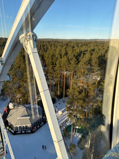 An aerial view from an elevated structure, likely a Ferris wheel, in Mistolovo, Russia, presents a winter landscape under a clear blue sky. The foreground is dominated by the white metal structural beams and clear glass panels of the observation ride, with visible bolts and connecting elements. Below, a hexagonal single-story building with a grey multi-faceted roof and large windows is visible. The word "БЛИННАЯ" (BLINNAYA, meaning Pancake House) is inscribed in white on its roof.
Adjacent to the building, a large flat area of compact snow or ice is present, where two human figures are observed walking. Surrounding this area and extending into the background is a dense evergreen forest with numerous tall pine trees, their branches laden with snow in patches, and snow covering the forest floor. Within the treeline near the building, several white spherical objects are dispersed, alongside a fenced-off section containing a green, possibly artificial, surface. The scene is illuminated by direct sunlight, casting shadows.